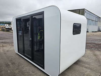 Lot Unused 13' Prefab Tiny Cube Welfare Pod, Wash Room with Shower and Basin, Fold Out Bed, Cabinets and Shelving, LED Lights