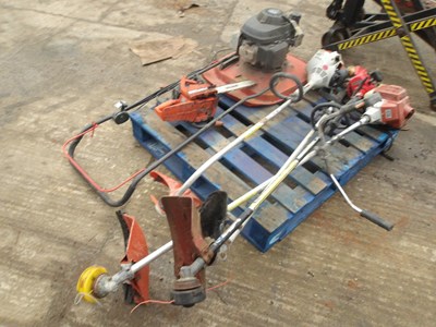 Lot 1 Pallet containing 4 Strimmers, Chainsaw, Flymo Lawnmower