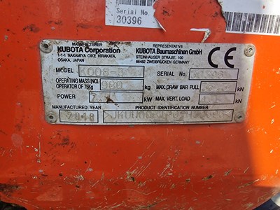 Lot 2018 Kubota K008-3 Rubber Tracks, Blade, Offset, Piped, Expanding Undercarriage, Roll Bar