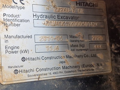 Lot 2019 Hitachi ZX26U-6 Rubber Tracks, Blade, Offset, Whites Manual QH, Piped
