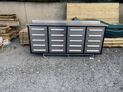 Lot Unused 7' Work Steel Bench, 20 Drawers (Damaged)