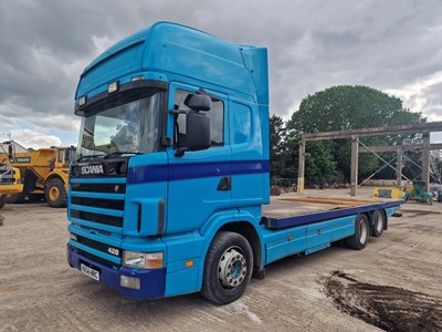 Lot 58 - 2004 Scania 124L-420 Red Dot 6x2 Rear Lift Flat Bed Lorry, Drawbar Spec, Manual Gear Box, A/C (Reg. Docs. & Plating Certificate Available)