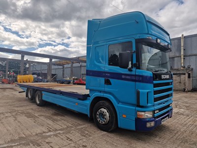 Lot 58 - 2004 Scania 124L-420 Red Dot 6x2 Rear Lift Flat Bed Lorry, Drawbar Spec, Manual Gear Box, A/C (Reg. Docs. & Plating Certificate Available)