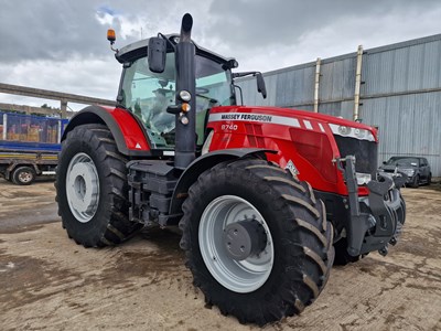 Lot 2017 Massey Ferguson 8740 4WD Tractor, Front Linkage, Dyna VT, Front Suspension, Cab Suspension, Air Brakes, 5 Spool Valves, Auto Guide Ready, Push Out Hitch, Rear Wheel Weights, A/C