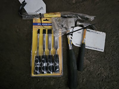 Lot 77 - Unused Marksman 8oz Claw Hammer, 600g Camping Axe, 4Pcs Wood Chisel Set, 14" Crow Bar