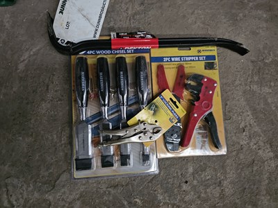 Lot 83 - Unused Marksman 2Pcs Wire Stripper Set, 5" Mole Grips, 4Pcs Precision Wood Chisel Set, Dexton 18" Crow Bar