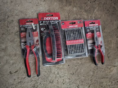 Lot 450 - Unused Dexton 6" Long Nose Pliers, 8" Combination Pliers, 6" Wire Brush Set, 10Pcs Double Ended Power Bit Set