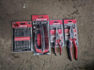 Lot 451 - Unused Dexton 6" Long Nose Pliers, 8" Combination Pliers, 6" Wire Brush Set, 10Pcs Double Ended Power Bit Set