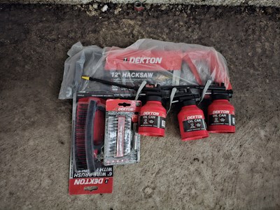 Lot 442 - Unused Dexton 12" Hack Saw (24TPI), 6" Wire Brush Set, Oil Can (3 of), 19Pcs Assorted Screwdriver Bit Set