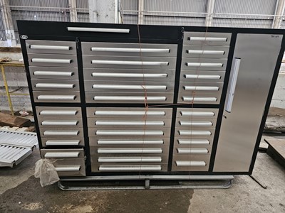 Lot 215 - Unused 7' Tool Cabinet, 35 Drawers, 1 Cabinet, 1 Top Lid (Damaged)