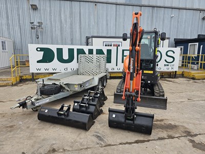 Lot 394 - 2020 Doosan DX27Z, Rubber Tracks, Blade, Offset, CV, Whites Hydraulic QH, Bobcat Hydraulic Thumb, Piped, 5 Buckets, Uprated Seat c/w 2020 Ifor Williams GH1054BT 3.5 Ton Twin Axle Plant Trailer