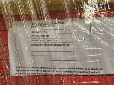 Lot 435 - Pallet of Unused Lifting Slings (5Ton x 6m (2 of), 5Ton x 4m (2 of), 4Ton x 6m (4 of), 4Ton x 4m (2 of), 3Ton x 6m (2 of), 3Ton x 4m (4 of), 2Ton x 4m (6 of))