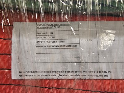 Lot 435 - Pallet of Unused Lifting Slings (5Ton x 6m (2 of), 5Ton x 4m (2 of), 4Ton x 6m (4 of), 4Ton x 4m (2 of), 3Ton x 6m (2 of), 3Ton x 4m (4 of), 2Ton x 4m (6 of))