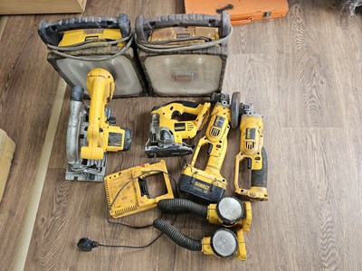 Lot 14 - Selection of Dewalt Cordless Power Tools (2 x Angle Grinder, Circular Saw, Jigsaw, 2 x Flexi Light, 2 x Flood Light))