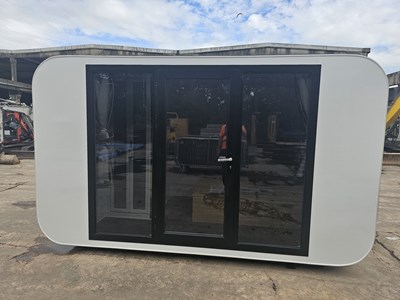 Lot 717B - Unused Bastone 13' Prefab Tiny Cube Welfare Pod, Wash Room with Shower and Basin, Bed, Cabinets and Luggage Drawers, LED Lights